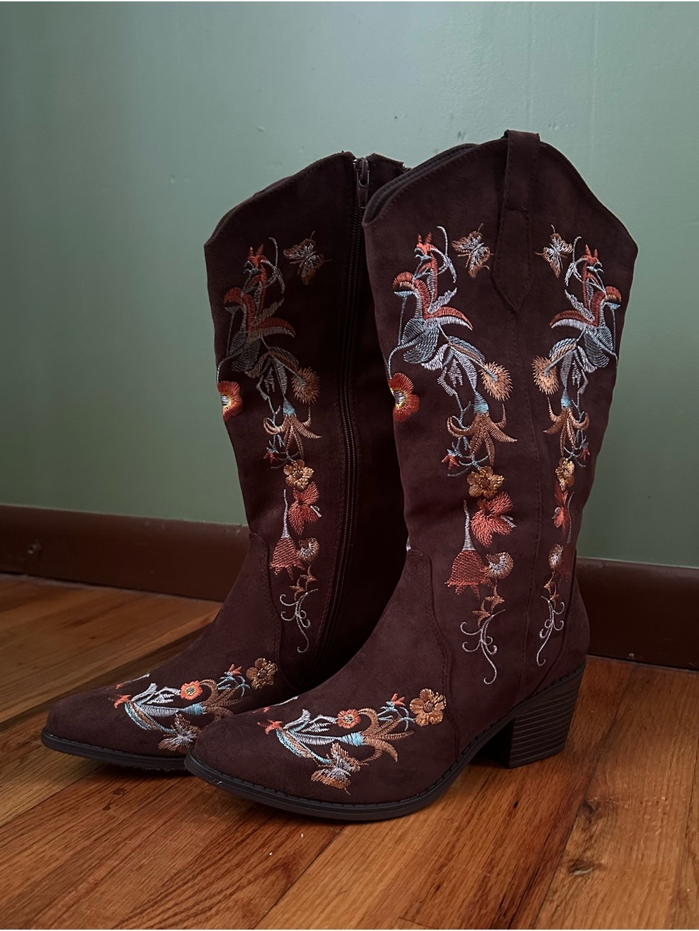 Brown Embroidered Western Mid-Calf Boots - Women